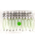 4.25 Inch Glow In The Dark Squid Jigs, 30 Piece Night Fishing Set With Swivel Hook Assembly displayed in packaging