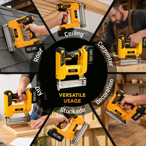 Badass Cordless Brad Nailer 18 Gauge Electric Nail Gun 21V Rechargeable Portable Nailer Kit showcased in versatile woodworking applications.