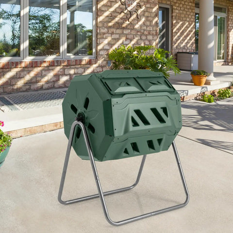 Dual Chamber 42 Gal Compost Tumbler With Sliding Doors 360 Degree Tumbling No Fuss Backyard Composting Metal Frame BPA Free