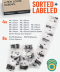 No Sweat Universal TV Mount Hardware Kit With M4 M5 M6 M8 Screws And Spacers For Flat Screens Up To 80 Inches, sorted screws and washers.