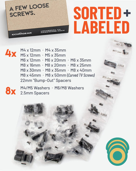 No Sweat Universal TV Mount Hardware Kit With M4 M5 M6 M8 Screws And Spacers For Flat Screens Up To 80 Inches, sorted screws and washers.