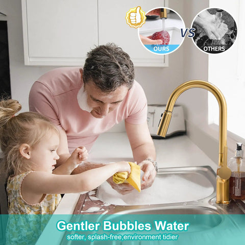 Smooth Operator Brushed Gold Kitchen Faucet With Sleek Single Handle And Slick Pull Down Sprayer For Zero Hassle Cleaning Featuring Splash Proof Three Way Spray For Quick One Or Three Hole Install, shown in use with father and child at sink.