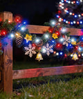 Red White Blue LED String Lights With Clear Bulbs On Green Wire UL Listed Connectable Patriotic Decor on outdoor fence