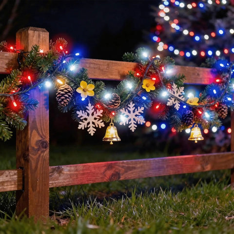 Red White Blue LED String Lights With Clear Bulbs On Green Wire UL Listed Connectable Patriotic Decor on outdoor fence