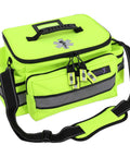 Front view of a fluorescent yellow Lightning X mid-sized EMT first aid bag with black shoulder strap and multiple pockets.