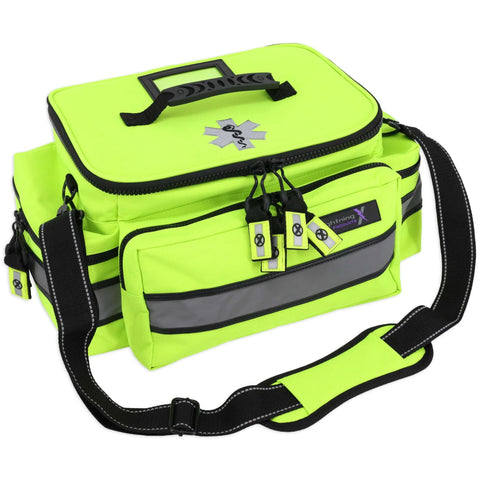 Front view of a fluorescent yellow Lightning X mid-sized EMT first aid bag with black shoulder strap and multiple pockets.