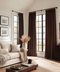 Luxury Velvet Blackout Curtains 96 Inches Long In Brown Tan Terracotta With Pinch Pleat Design in living room with sofa and decor