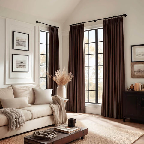 Luxury Velvet Blackout Curtains 96 Inches Long In Brown Tan Terracotta With Pinch Pleat Design in living room with sofa and decor