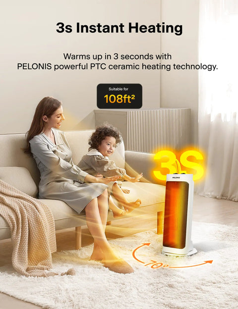 Powerful 1500W Ceramic Space Heater With Wide Oscillation in a living room with child, demonstrating 3-second heating
