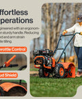 Heavy Duty Gas Tiller Cultivator With 7HP 209cc Engine, ergonomically handled, adjustable rear tine design for efficient soil prep