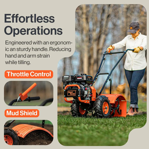Heavy Duty Gas Tiller Cultivator With 7HP 209cc Engine, ergonomically handled, adjustable rear tine design for efficient soil prep