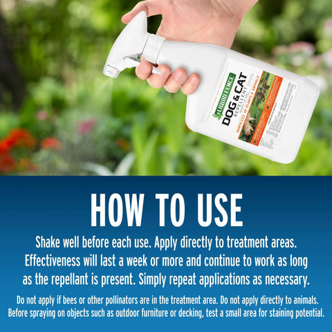 Dog And Cat Yard Repellent Ready To Use 32 Ounce Spray Keeps Pets And Strays From Marking, hand holding spray bottle over greenery