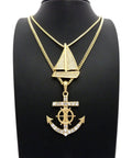 Dope Iced Out Sailboat Yacht And Anchor Pendant Necklace Set In Gold Tone With Two Necklace Set And Layered Chains