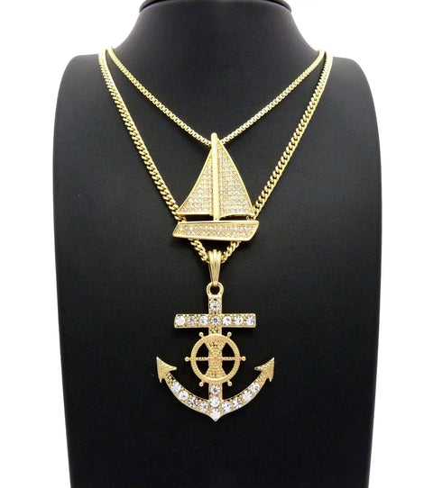 Dope Iced Out Sailboat Yacht And Anchor Pendant Necklace Set In Gold Tone With Two Necklace Set And Layered Chains