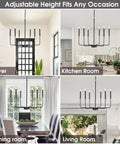 Black 6 Light Farmhouse Chandelier With Industrial Iron Vibe displayed in foyer, kitchen, dining, and living room settings.