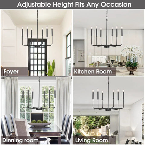Black 6 Light Farmhouse Chandelier With Industrial Iron Vibe displayed in foyer, kitchen, dining, and living room settings.