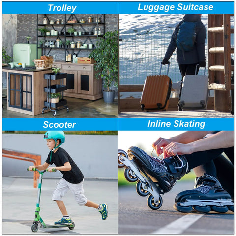 Collage of trolley, luggage suitcase, scooter, and inline skating with focus on different wheel types in varied settings.