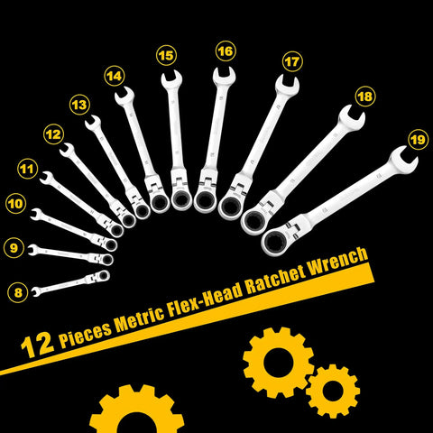 Stubby 12 Piece Metric Ratcheting Wrench Set With 8 To 19mm Sizes Pro Grade Chrome Vanadium Steel Wrenches displayed