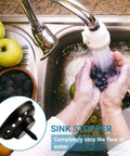 Matte Black Stainless Steel Sink Basket Strainer Stopper, 2 Pack, shown in kitchen scene with water and fruit