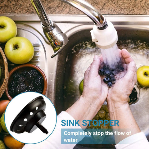 Matte Black Stainless Steel Sink Basket Strainer Stopper, 2 Pack, shown in kitchen scene with water and fruit