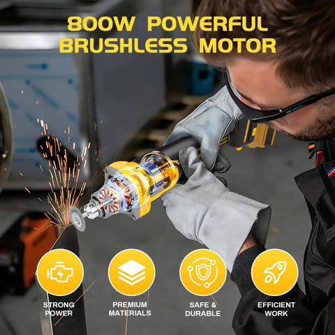 Compatible With 20 Volt Power Batteries This Smooth Operator Cordless Die Grinder with 800W brushless motor in use, sparks flying.