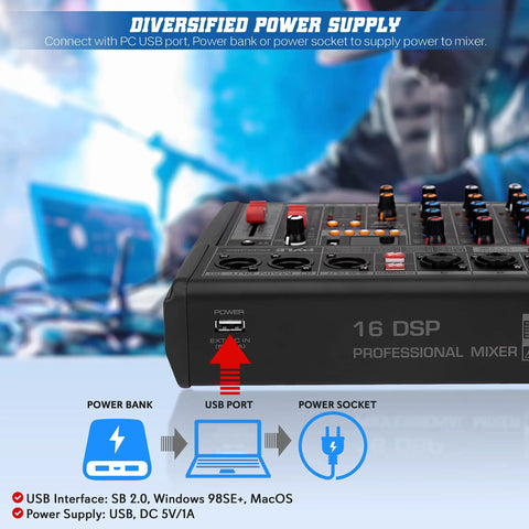 DJ Audio Mixer Pro 3 Channel Controller With 16 Preset Effects USB Interface panel showing power and USB ports PMX462