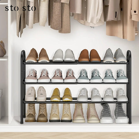 Expandable Three Tier Metal Shoe Rack Holds Up To Sixteen Pairs, Adjustable From 17.7 To 33.1 Inches in closet with shoes