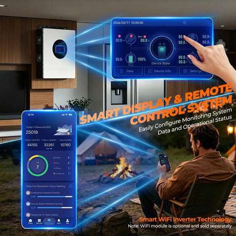 Smart remote control system display for Ultra Heavy Duty 7000W Hybrid Solar Inverter With Integrated 120 Amp Mppt Charge Controller.