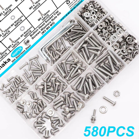 All In One Metric Screw Kit For DIY M3 M4 M5 Button Head Hex Socket Cap Screws Set With 8 To 20 Mm Length 304 Stainless Steel Bolts Nuts Washers And 3 Hex Wrenches For Home And Garage Repairs