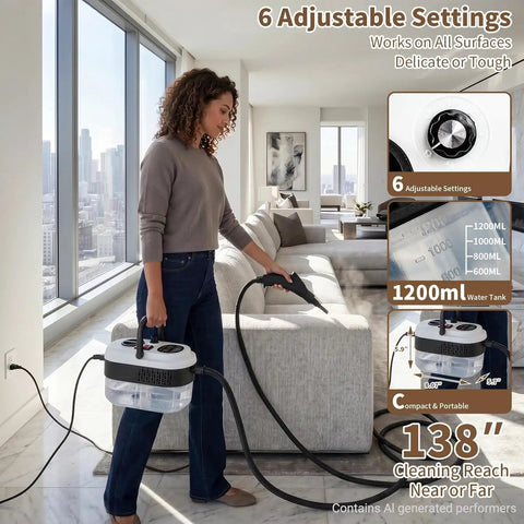 Negom Handheld Steam Cleaner High Pressure 2500W, portable with 1200ML tank and 6 adjustable settings for deep cleaning.