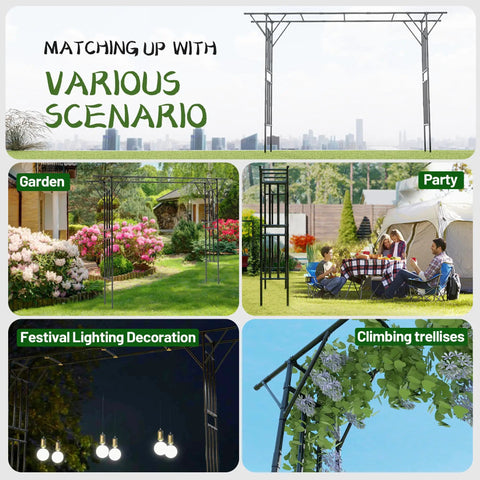 Flat Top Garden Arch Trellis Pergola in garden and party settings, showing versatility and use for climbing plants and decorations.