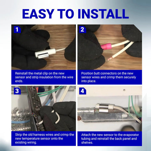 Refrigerator Temperature Sensor Replacement For GE And Hotpoint Models Easy Install Fits WR55X10025 Replaces 914093 AP3185407 PS304103 WR50X10027 Lifetime Protection Keeps Your Fridge Chillin And Running Smooth installed on evaporator tubing