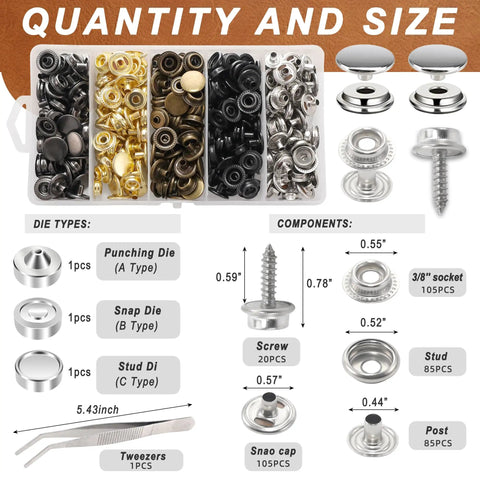 Tough As Nails Snap Fastener Tool Kit with 405 Pcs components shown including various snap die types and sizes for marine repairs.