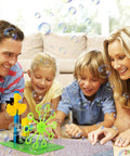 Family playing with Electric Motor Robotics Kit For Kids 4 In 1 DIY STEM Toys Bubble Machine project, surrounded by soap bubbles.