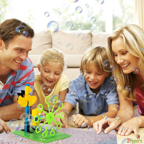 Family playing with Electric Motor Robotics Kit For Kids 4 In 1 DIY STEM Toys Bubble Machine project, surrounded by soap bubbles.