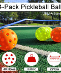 Four pickleballs with 40 holes on a green court, orange and yellow colors, featuring 0.88oz weight and 2.9-inch diameter.