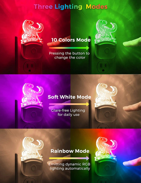 Dinosaur Night Light For Kids And Boys Plug In LED Nightlight With Dusk To Dawn Sensor, showing three lighting modes.