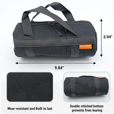 Beefy 12 Pack Screw In Tent Stakes 8 Inch Metal Ground Pegs storage bag, black with handles, 9.84"x3.94" dimensions.