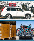 Collage showing Set Of 16 Heavy Duty Cambuckle Tie Down Straps With S Hooks securing cargo on car, pallets, and bicycles.