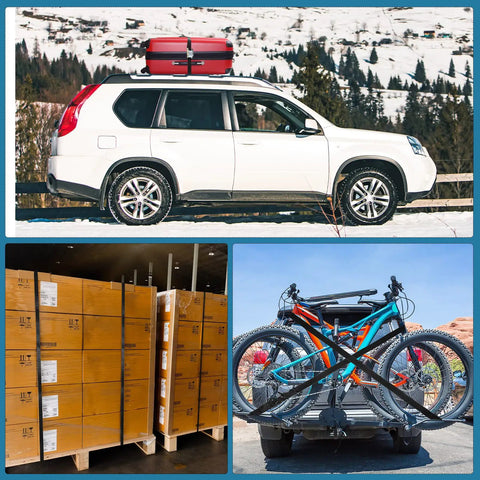Collage showing Set Of 16 Heavy Duty Cambuckle Tie Down Straps With S Hooks securing cargo on car, pallets, and bicycles.
