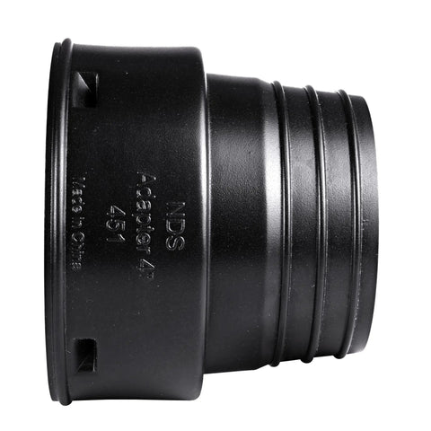 Black HDPE Corrugated Adapter 4 Inch Spigot to 4 Inch Corrugated Hub Connection, durable fitting for drainage systems.