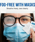 Anti-fog lens wipes, 160-count, Amazon; front view showing wipe packet beside foggy vs clear glasses.