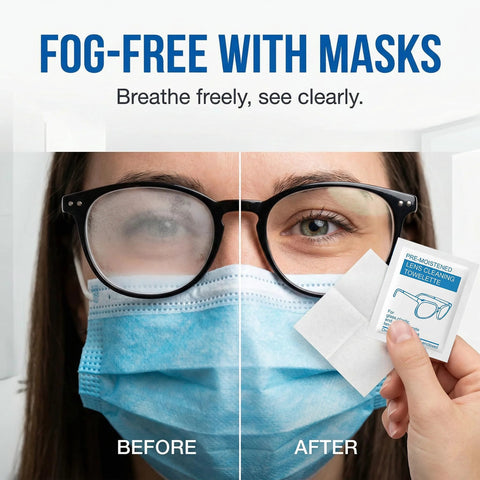 Anti-fog lens wipes, 160-count, Amazon; front view showing wipe packet beside foggy vs clear glasses.