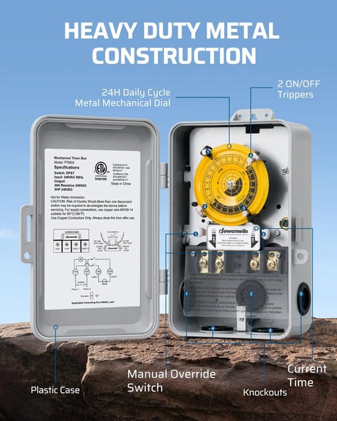 Heavy Duty Mechanical Timer Switch For Water Heaters And Pumps Featuring Dual Daily Programming and Wide Voltage Compatibility.