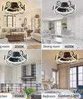 Bladeless ceiling fan with lights and remote, showcased in various room settings for living room, dining room, kitchen, and bedroom.