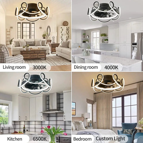 Bladeless ceiling fan with lights and remote, showcased in various room settings for living room, dining room, kitchen, and bedroom.