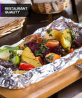 Vegetables wrapped in Heavy Duty Aluminum Foil Sheets For Deli Use 100 Count Pop Up 9 By 10 Inch Wrapping Sheets on a wooden tray
