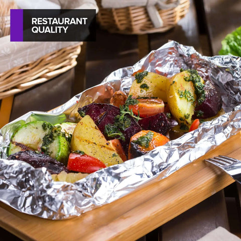 Vegetables wrapped in Heavy Duty Aluminum Foil Sheets For Deli Use 100 Count Pop Up 9 By 10 Inch Wrapping Sheets on a wooden tray