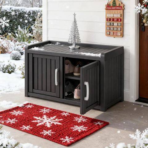 All Weather Outdoor Shoe Storage Cabinet With Two Barn Doors No Fuss Waterproof UV Resistant Entryway Bench in snow with shoes