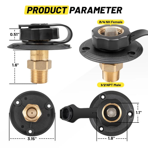 City Water Inlet For RV With Lead Free Brass And Check Valve, Three Quarter Inch NH Female To One Half Inch NPT Male Connection, Water Fill Inlet Flange Replacement For Camper Trailer Motorhome And Marine Use